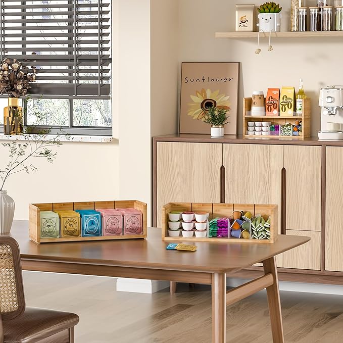 X-cosrack Bamboo Tea Bag Organizer Storage Box, 2-Tier Stackable Tea Box for Countertop, Wall Mount Tea Bag Holder, Tea Storage Chest Natural Wood for Office Kitchen Cabinet Pantry