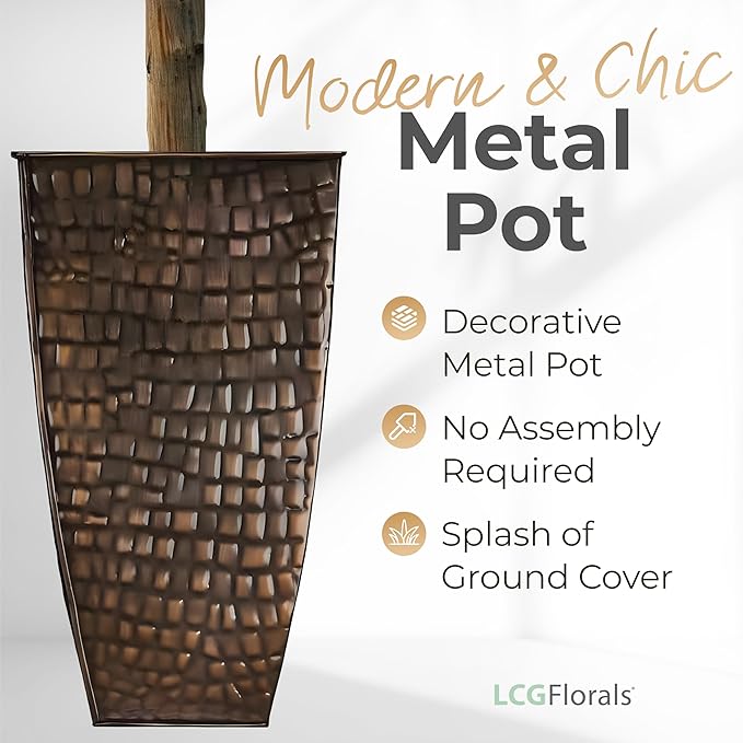 Artificial Ficus Tree in Copper Metal Pot - Real Wood Trunk, Preassembled, No Maintenance Indoor Faux Plant - Living Room, Home & Office Decor (8ft Tall)