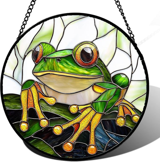 Stained Glass Window Hanging, Green Frog White Petals Sun Catchers Colorful Glass Panel Cute Suncatcher Decor for Birthday for Women, Men, Wife, Aunt, and Mom 14.9x14.9 in