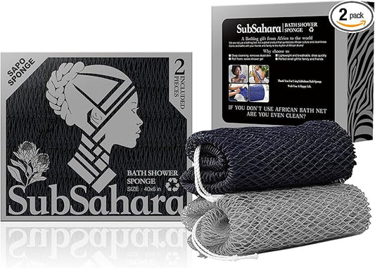 SubSahara Authentic African Net Sponge - 2 Pieces Exfoliating Scrubber for All Skin Types, Bath Sponge for Face & Body, Travel Portable, Durable, Gentle Exfoliation (Black & Grey)