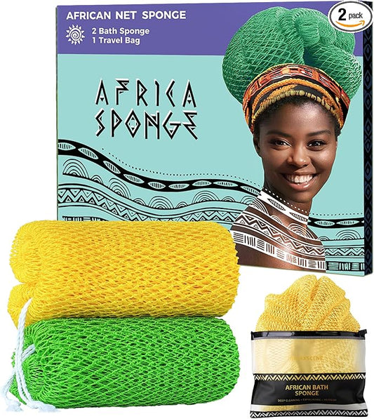 African Net Sponge with Knots - 2 Pieces Exfoliating Body Scrubber Bath Sponge - Back Scrubber Washcloth for Shower - Real African Scrub Exfoliator Body Care for Women