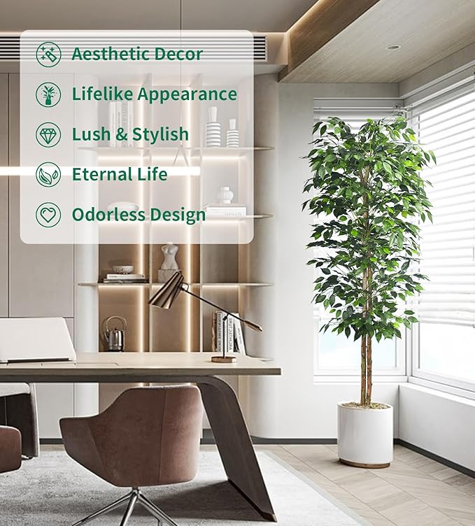 1Pack 6FT Artificial Ficus Tree with Realistic Leaves and Natural Trunk, Faux Ficus Tree with Sturdy Plastic Nursery Pot, Fake Ficus Tree for Office Home Farmhouse for Indoor Outdoor Decor