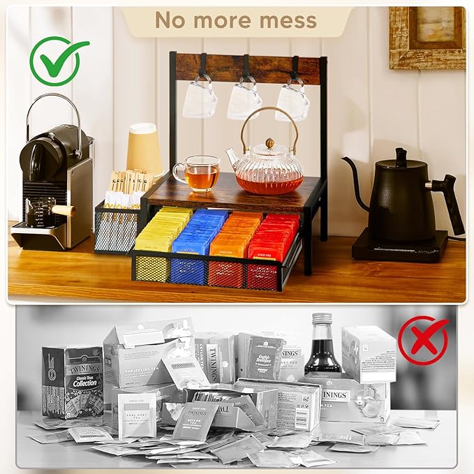 Tea Bag Organizer, Wood Tea Organizer and Storage Cheast, Tea Bag Holder with Storage Drawer, 4 Hooks for Tea Cups Holder, Tea Station Chest Display Container Box for Countertop Kitchen, Brown