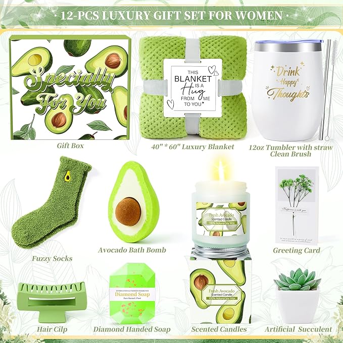 Avocado Self Care Package for Women-12PCS Avocado Themed Birthday Box for Woman Get Well Soon Gift for Women Relaxing Spa Gifts Basket Care Package with Luxury Flannel Blanket