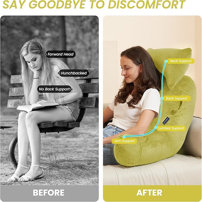 Portable Reading Pillows with Headrest for Bed Sitting Up(Yellow Oeko-Tex), Velvet Back Pillow with Arms & Pockets for Adults, Support Memory Foam Bed Pillow for Dorm/Reading/Watching/Gaming
