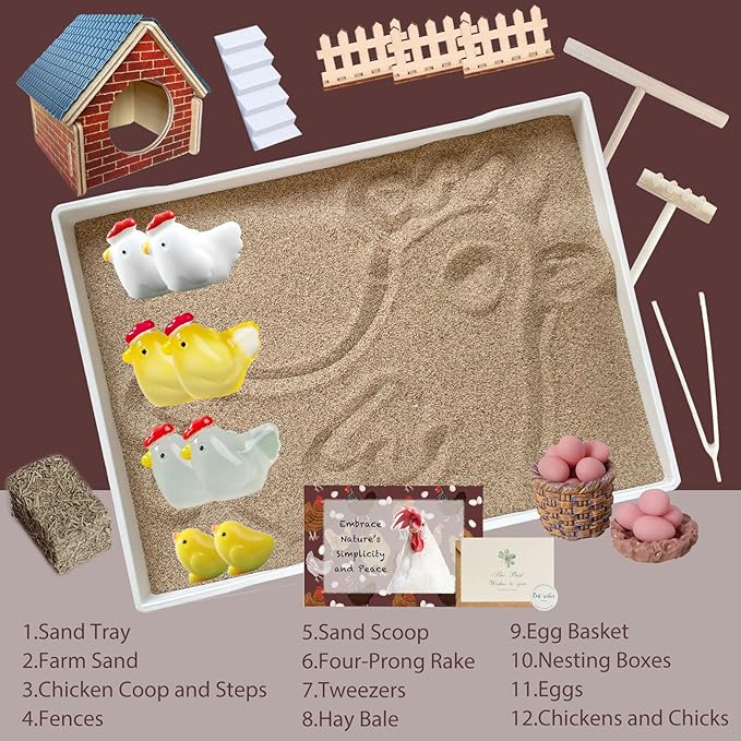 Threeheng Chicken Zen Garden Kit - Sand Tray Therapy Kit with Miniature Chicken Coop, Hen Figurines, and Accessories - Desk Sand Box for Meditation and Stress Relief - Fun Gift