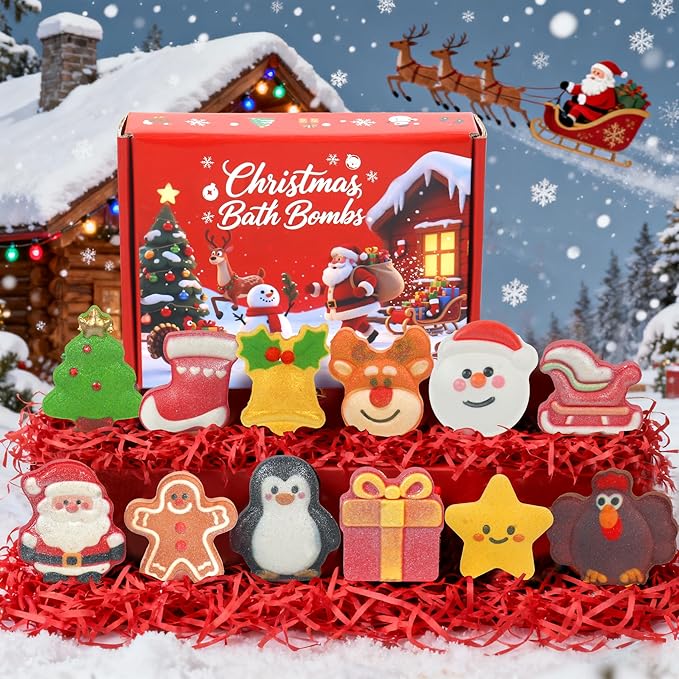 Christmas Bath Bombs for Kids & Women, Handmade Bath Bomb Gift Set of 12 Festive Shapes, Perfect Stocking Stuffers for Teen Girls & Boys, Skin Care Bathbombs as Christmas Gifts for Kids
