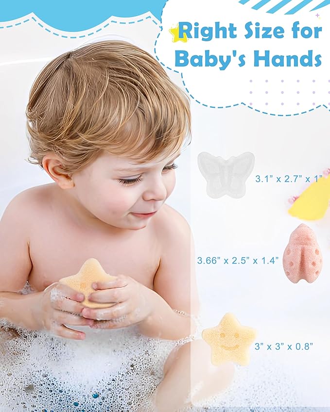 MoHern Konjac Baby Sponge for Bathing, 3Pcs Natural Cute Shapes, Kids Bath sponges for Infants, Toddler Bath time, Plant-Based, Extra Soft