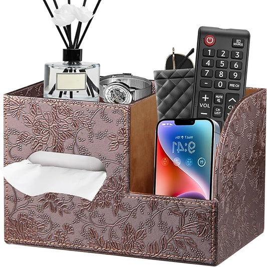 Leather Square Tissue Box Cover with Storage Tray,Cube Tissue Box Holder,Modern Facial Paper Organizer with Remote Control Holder for Bathroom,Vanity Countertop,End Table NightStand Home Office