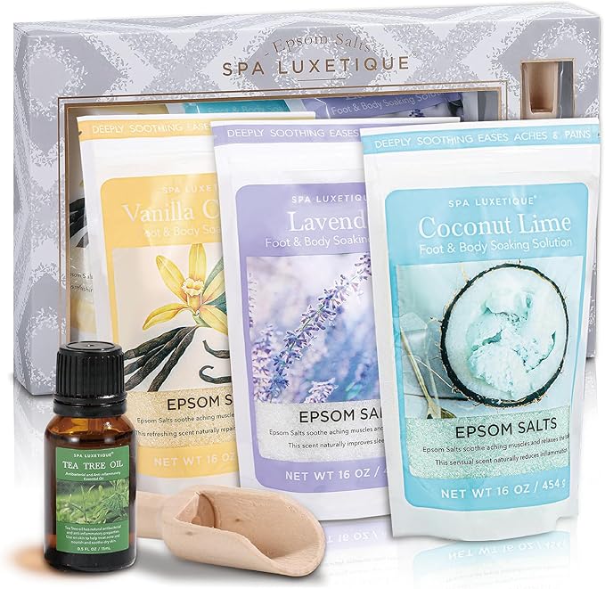 Bath Salts for Women, Spa Luxetique Epsom Salts for Soaking, 3pc Bath Salt Gifts Set, Lavender, Vanilla and Coconut Scent with Tea Tree Oil Gifts for Her Birthday Gifts