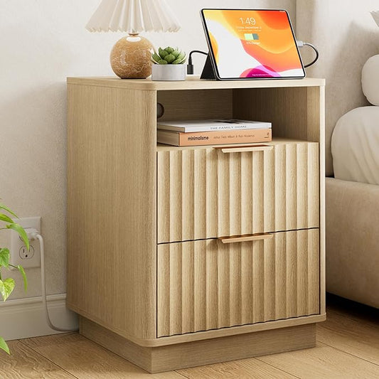 Fluted Nightstand with Charging Station, 18" Modern Farmhouse Night Stand, 2 Drawers End Table with Storage, Bedside Table for Bedroom Sofa Home Office, Curved Profile Design (Natural Oak)