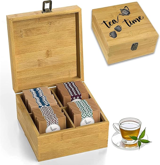 Bamboo Tea Organizer Box Chemical Free Eco-Friendly Big, Tall, Adjustable Cubbies Natural Wooden Storage Chest (4-Slot Square 7.4" x 8.1" x 4.2" Tea Time)