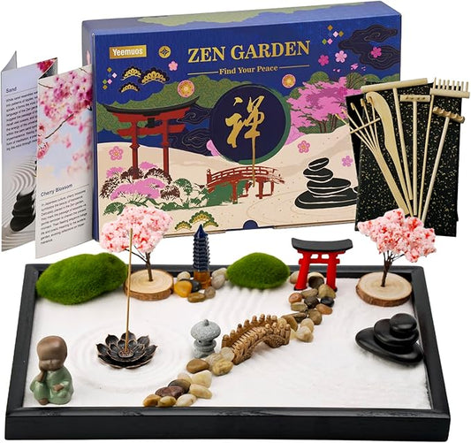 Zen Garden Kit for Desk, 12x8 Inch Sand Tray with 16 Accessories and 6 Tools, Japanese Meditation Mini Garden Set,Mini Meditation Decor for Adults, Stress Relief, Home & Office Decor, Unique Gift Set.