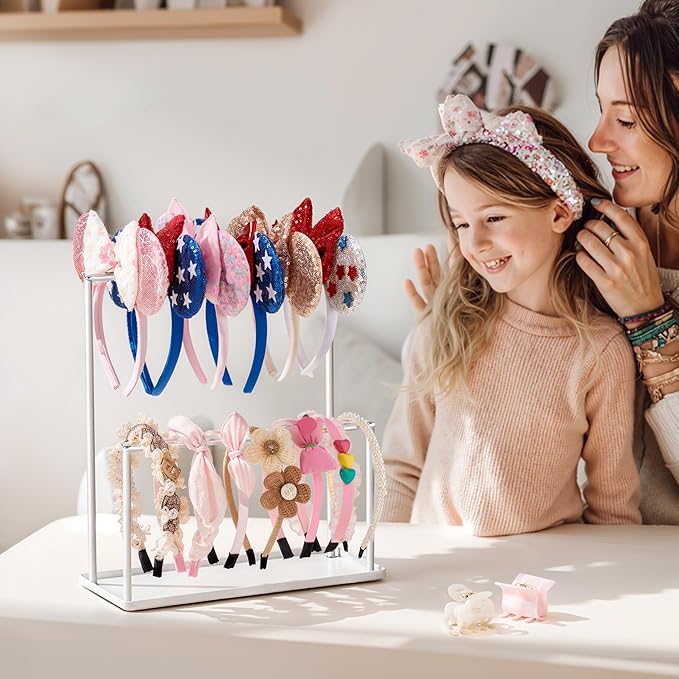 pickpiff Headband Holder Organizer Metal 2-Tier with Tray: Hair Accessories Display Stand Storage, Purse Charms Key Rings Rack Necklace Stand Home Bedroom for Girls Women, White