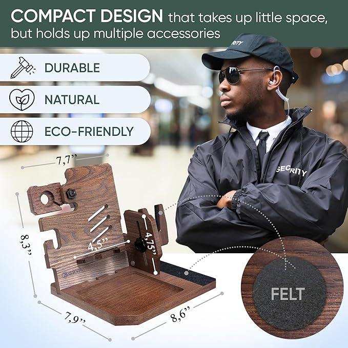 BarvA Phone Docking Station with Patented Adaptive Wood Gun Rack | Night Stand Smart Watch & Phone Stand | Charging Station Desk Organizer | Gun Accessories Storage and Organization