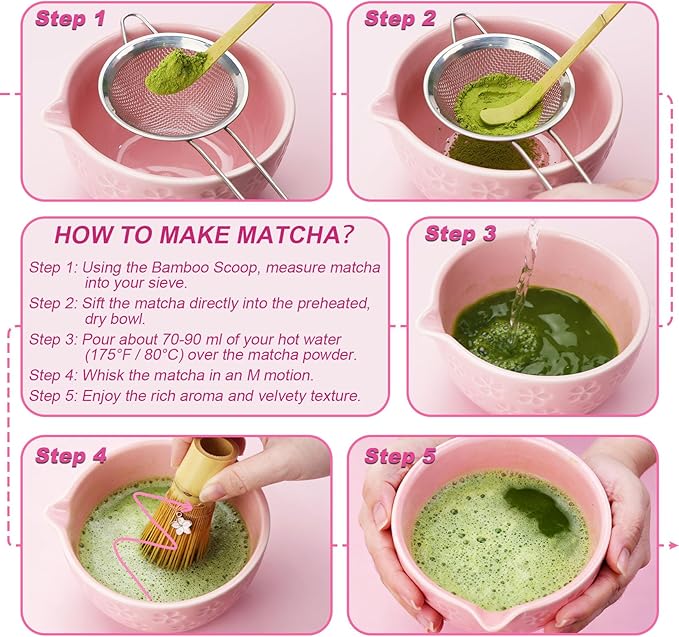 7 Pcs Matcha Whisk Kit, Cherry Blossom Matcha Set for Beginners and Enthusiasts with Bowl, Whisk and Holder, Bamboo Scoop, Scoop Rest, Sifter, and Towel, Perfect as a Gift