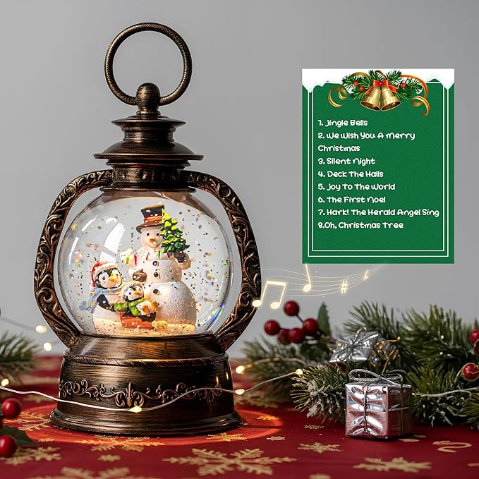 Musical Snow Globe Lantern Lighted Snowman with Penguins Christmas Snow Water Lantern Swirling Glittering Home Decoration and Gift, Battery Operated or USB Powered