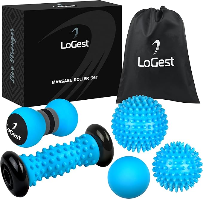 Logest Foot Massage Rollers and Balls for Trigger Point Therapy, Injury Rehabilitation & Deep Tissue Massage - 5-Piece Set – Massage Roller, Lacrosse Ball, Peanut Roller, Two Spike Balls