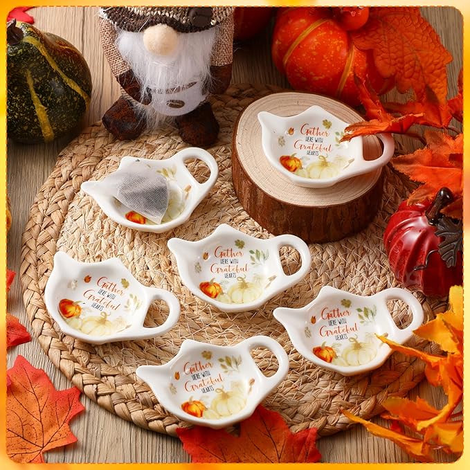 Set of 6 Thanksgiving Fall Pumpkin Tea Bag Holders Porcelain Ceramic Teapot Shaped Coasters Tea Bag Plate Spoon Rests Pad Saucer Seasoning Dish Set for Party Decoration Gifts, 3.7x2.75''
