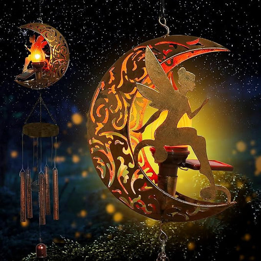 YJFWAL Solar Moon Fairy Wind Chimes, Solar Flame Ball with Angel Decor Wind Chimes for Outside Garden, Gifts for Mothers Day Mom, Women, Grandma, Memorial Chimes Birthday Gardening Gifts