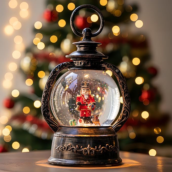 Musical Snow Globe Lantern Lighted Nutcracker Christmas Snow Water Lantern Swirling Glittering Home Decoration and Gift, Battery Operated or USB Powered