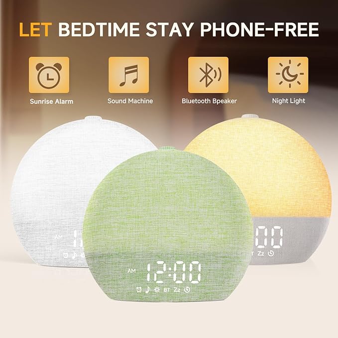 Sunrise Alarm Clock White Noise Sound Machine for Bedroom | Natural Wake-Up Light with 30 Soothing Sleep Aids, Bluetooth Speaker, Dimmable Clock, Screen-Free Design for Baby Kids-Matcha Green