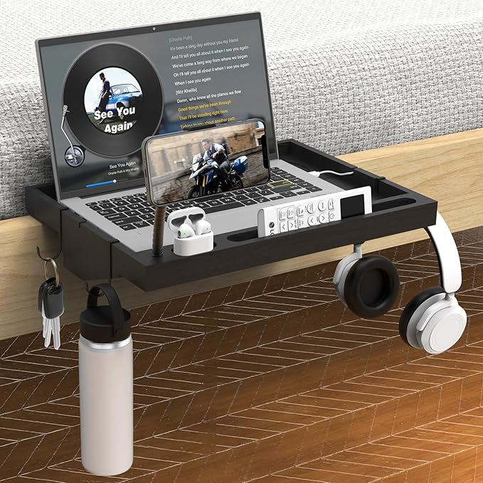 Bedside Shelf with Phone Holder for Bed, ‎Bamboo Bed Shelf Organizer for Top Bunk, Clip on Nightstand for College Dorm Loft Bed, Bedside Tray for Kids, Built Earphones & Tablet Slot