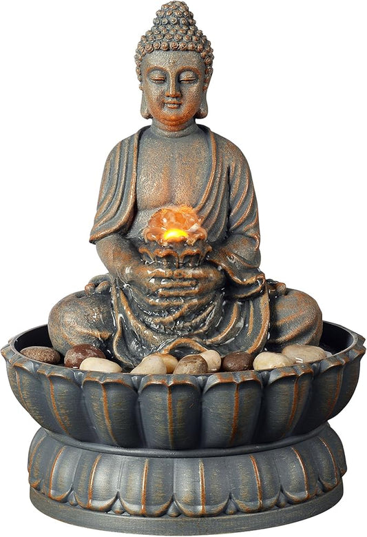 Kalona Home Décor 9.6" Tabletop Fountain Exquisite Smile Sitting Buddha Fountains Desk Water Fountain Decorative Zen Fountain w/Reflective Lighting/Cobblestone Office and Home Decor(21125A)
