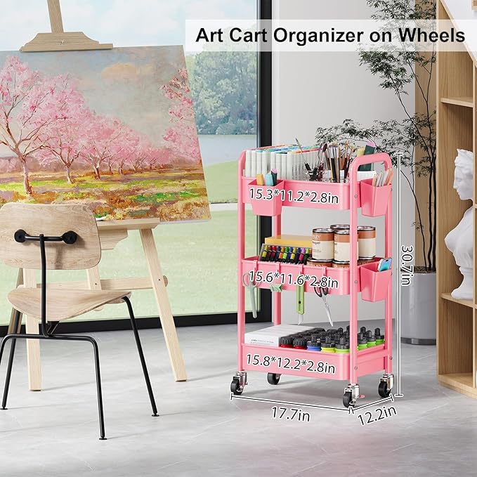 3 Tier Pink Rolling Cart with Lockable Wheels, Metal Utility Carts Organizer on Wheels for Kitchen, Nursery, Snack, Bedside Cart for Baby Essentials, Easy Assemble Mobile Storage Roller Trolley