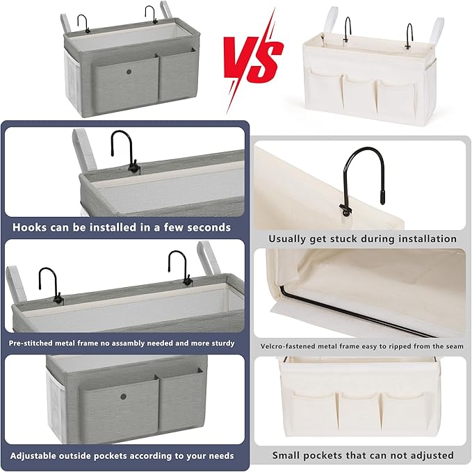 Bedside Caddy Bedside Organizer with Fixed Straps & Water Bottle Holder, Bunk Bed Caddy ideal for Home, Dorm, Hospital, Crib, Versatile Bedside Storage Solution (Grey 2pcs)