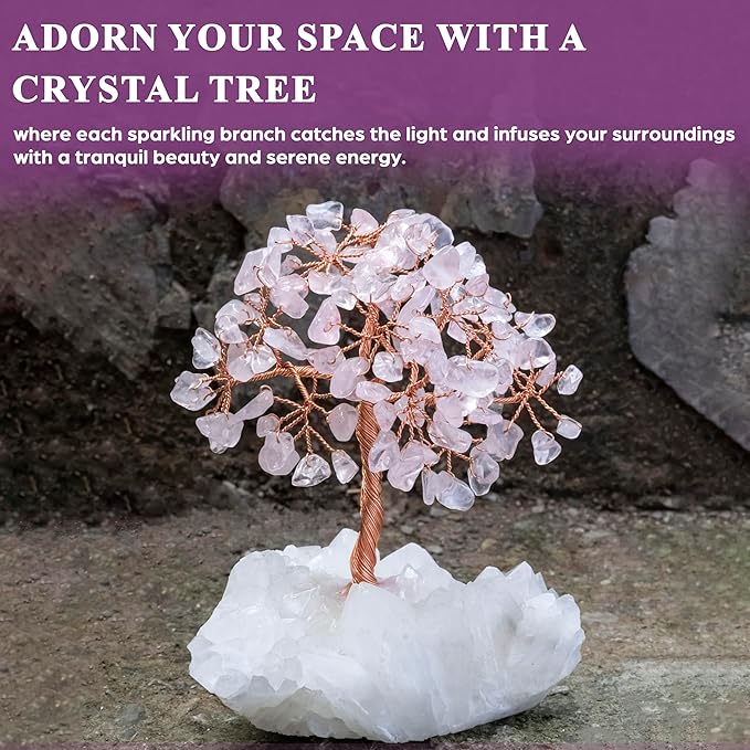 Rose Quartz Crystal Tree with White Aura Base Tree of Life Decor for Shelf, Bedroom, Birthday Gifts for Women, Sister Gift, Birthday Gifts for Mom, Cute Home Office Decor Housewarming Present