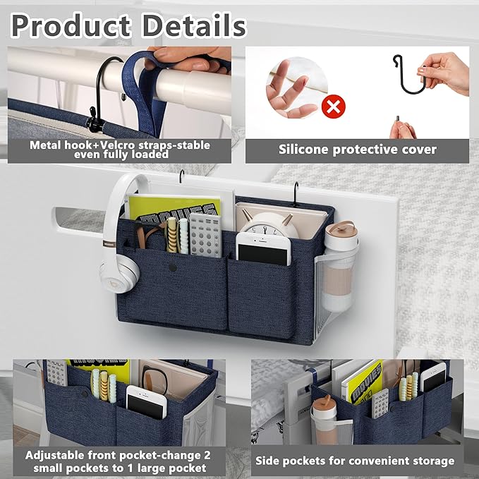 Bedside Caddy Bedside Organizer with Fixed Straps & Water Bottle Holder, Bunk Bed Caddy ideal for Home, Dorm, Hospital, Crib, Versatile Bedside Storage Solution (Navy)