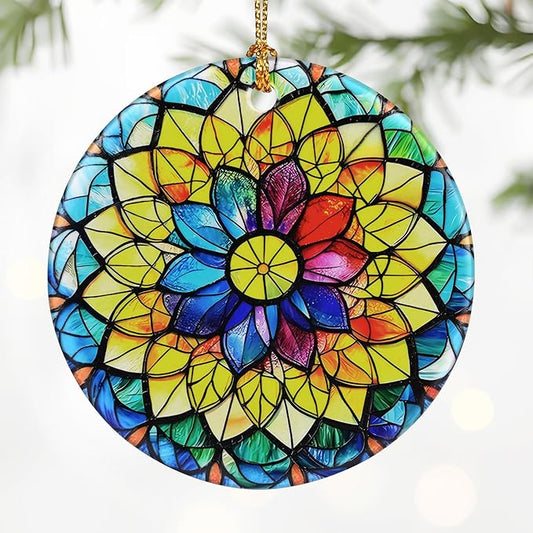 Flower Ornament – Christmas Decoration & Christmas Ornament; Round Ceramic (Holiday Present, Bauble Present, Gift Idea, and Gift Exchange) | Heirloom Keepsake