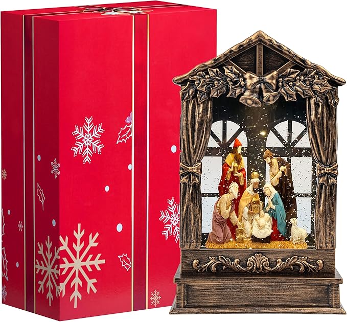 Christmas Snow Globe Lighted Manger Nativity Scene, Musical Window Water Lantern Play Silent Night Music in Swirling Glitter, Holiday Decorations Gift