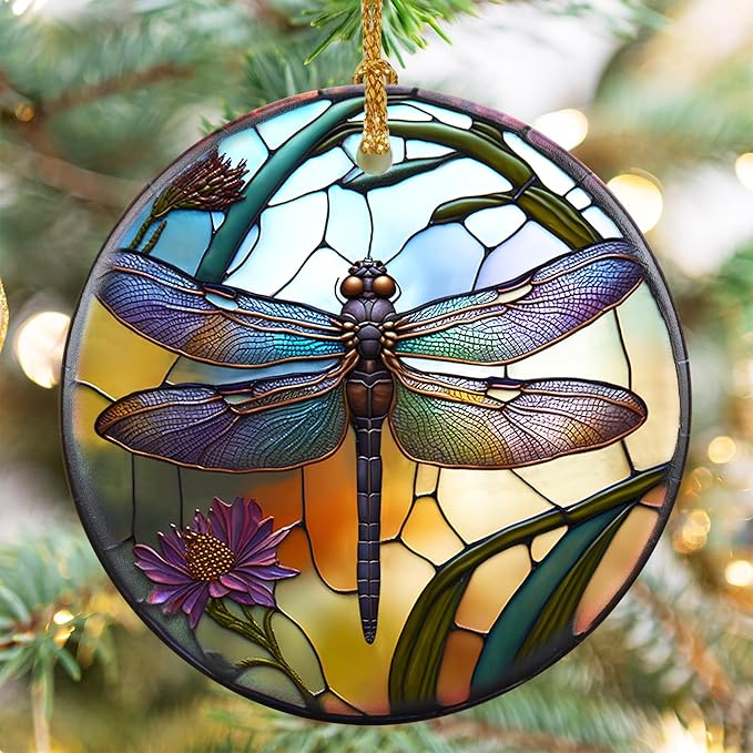 Touber Dragonfly Christmas Ornaments, Hanging Ornament, Christmas Tree Decor, Dragonfly Theme Gift - Pattern D