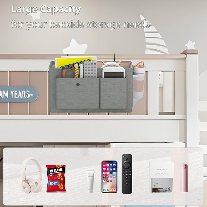 Bedside Caddy Bedside Organizer with Fixed Straps & Water Bottle Holder, Bunk Bed Caddy ideal for Home, Dorm, Hospital, Crib, Versatile Bedside Storage Solution (Grey 2pcs)