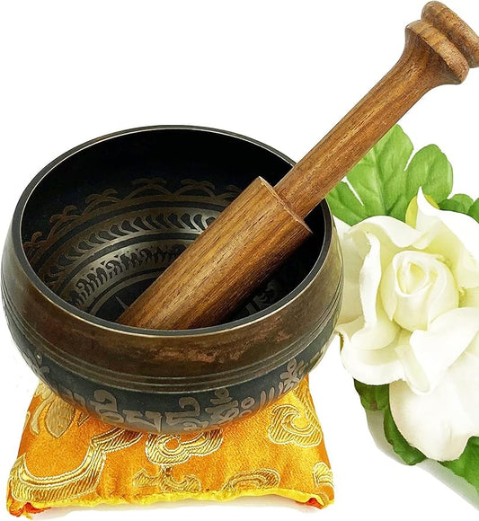 3383 SB Tibetan Auspicious Symbol Singing Bowl Set ~ Mallet Cushion Meditation Chakra Healing Prayer Yoga Mindfulness (SB-3383-D)