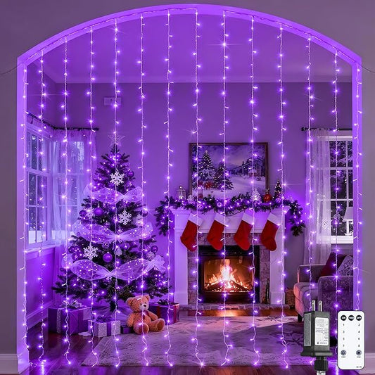 JMEXSUSS 300LED Purple Christmas Lights with Remote, Curtain Hanging Light Plug in, 8 Modes Purple String Lights for Bedroom Window Wall Party Backdrop Halloween Christmas Decorations