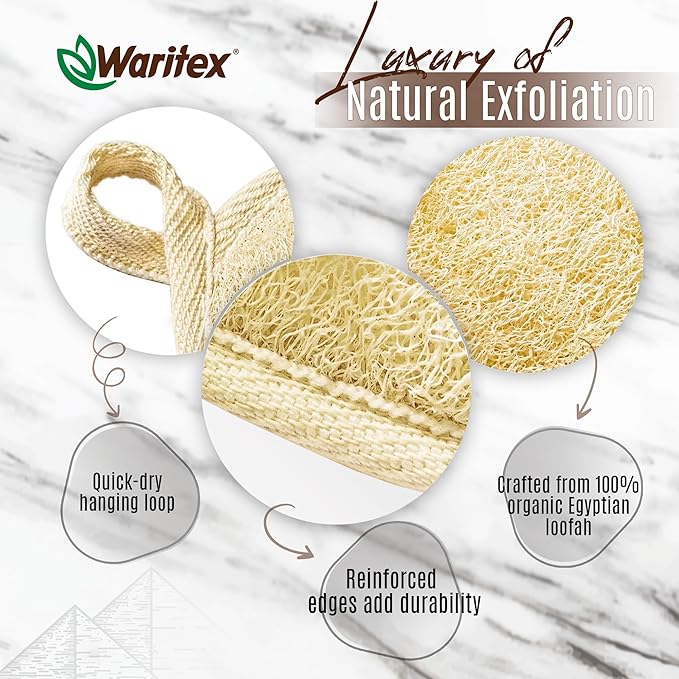 Waritex Egyptian Loofah Rectangular Body Scrubbers with Hand Strap, Exfoliating Bath Pads Made from Natural Egyptian Loofah Fibers, Gentle Deep Cleansing for Men and Women in Shower 3 Count (1 Pack)