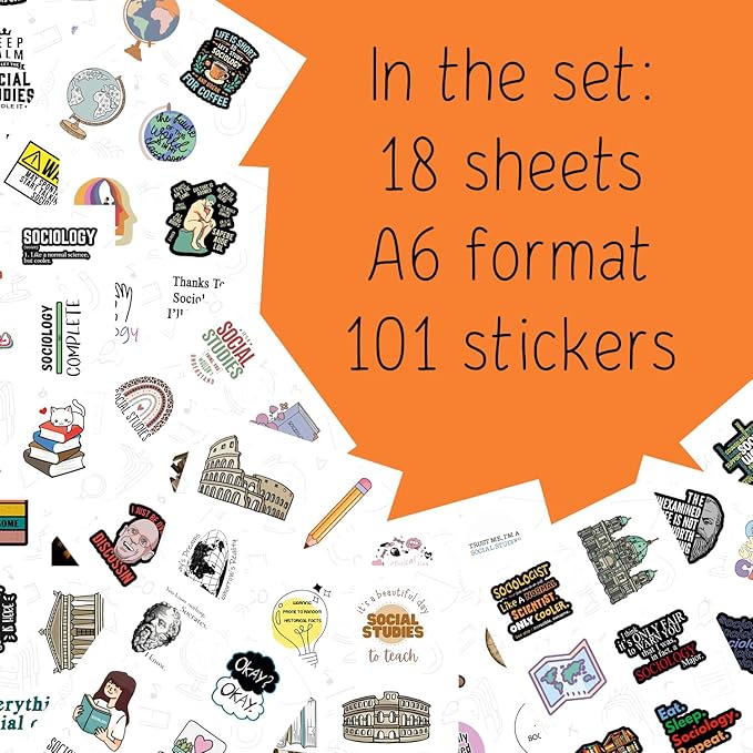 BulbaCraft 100Pcs Social Studies Stickers for Water Bottle and Laptop - Social Studies Party Favors & Decorations, Waterproof Vinyl Decals, History and Culture Stickers, Gifts for Women & Men