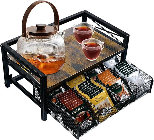 Tea Holder Organizer,Wood Tea Box Organizer Storage Box,Tea Caddy for Tea Bags Organizer Drawer,with 8 Compartments Multi-Functional Tea Station Chest for Countertop