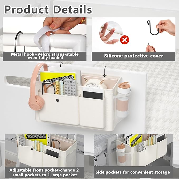 Bedside Caddy Bedside Organizer with Fixed Straps & Water Bottle Holder, Bunk Bed Caddy ideal for Home, Dorm, Hospital, Crib, Versatile Bedside Storage Solution (White 2pcs)