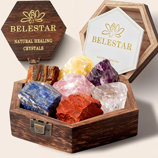 7 Chakra Healing Crystals Set - Large Raw Stones: Amethyst, Rose Quartz, Citrine, Lapis Lazuli, Clear Quartz, Tigers Eye, Red Jasper - Energy Alignment Kit with Wooden Gift Box & Guidebook