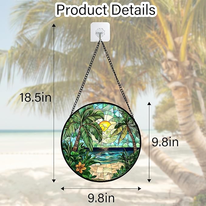 Stained Glass Window Hanging, Green Beach Scenery Suncatcher Diamond Glass Panel Hangings Sun Catchers Decor for Birthday for Women, Men, Wife, Aunt, and Mom 9.8 in