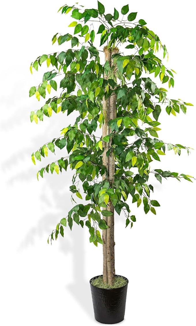 Artificial Deluxe Ficus Tree in Black Metal Pot - Real Wood Trunk, Preassembled, No Maintenance Indoor Faux Plant - Living Room, Home & Office Decor (6ft Tall)