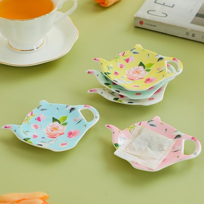 Porcelain Tea Bag Coasters, Floral Used Tea Bag Holder, Set of 5 Tea Bag Plates Floral, Teaspoon Rest, Tea Bag Rest Dish, Tea Party Gifts