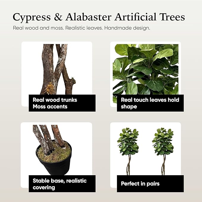 Cypress & Alabaster Handmade 6ft Fiddle Leaf Fig Ficus Lyrata Artificial Tree with Ethically Sourced Real Wood Trunks, Hypoallergenic, 6-Foot, Green
