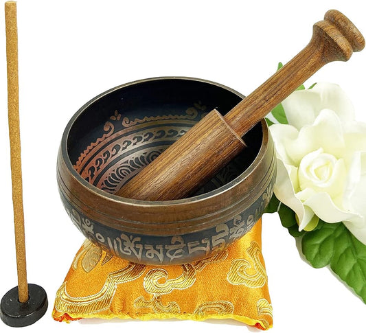 3017 SB 'G' Note Solar Plexus Chakra Antique Tibetan Auspicious Symbol Bowl Set ~ Nepal