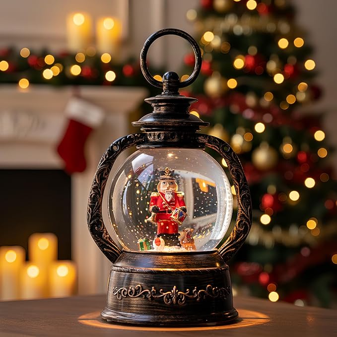 Musical Snow Globe Lantern Lighted Nutcracker Christmas Snow Water Lantern Swirling Glittering Home Decoration and Gift, Battery Operated or USB Powered