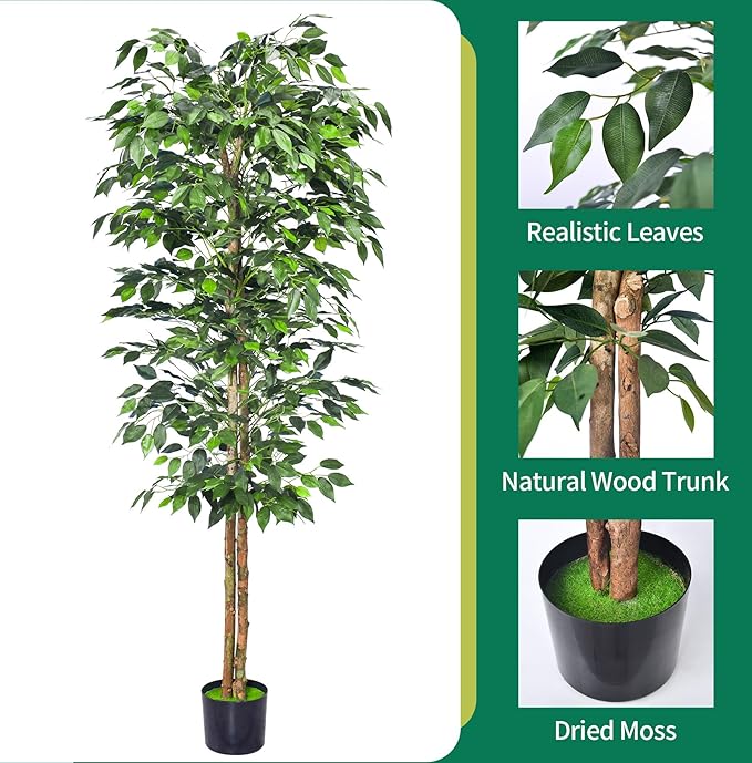 1Pack 6FT Artificial Ficus Tree with Realistic Leaves and Natural Trunk, Faux Ficus Tree with Sturdy Plastic Nursery Pot, Fake Ficus Tree for Office Home Farmhouse for Indoor Outdoor Decor